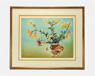 Large Original Kaiko Moti Aquatint Print Flowers in Vase Still Life