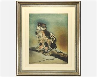Large Original Kaiko Moti Aquatint Print Owl on Tree Branch