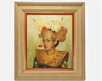 1990 Beautiful Woman in Balinese Headdress Oil Painting