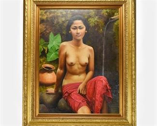 Beautiful Native Bali Nude Girl Oil on Canvas 1991 Large Painting