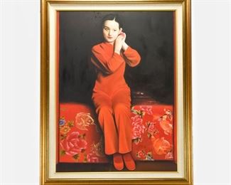 Fine Portrait Painting Vietnamese Girl in Red