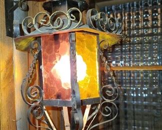 Vintage Cast Iron Colored Glass Panels Bar Light