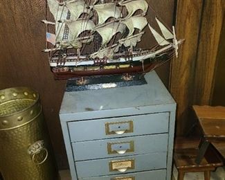 Model Boat & Metal Filing Cabinet
