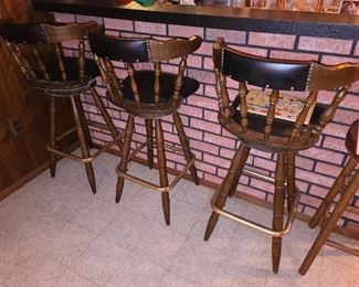 Vintage Wooden Barstools W/ Leather Backs