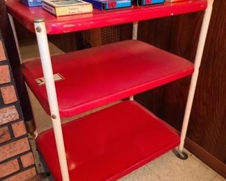 Vintage Red & White Enamel Rolling Cart