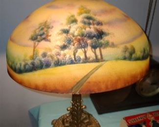 Antique Reverse Painted Glass Shade Lamp W/ Bronze Base