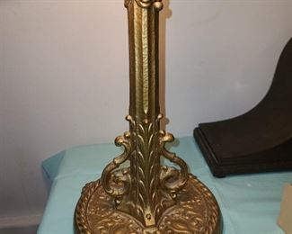 Antique Reverse Painted Glass Shade Lamp W/ Bronze Base