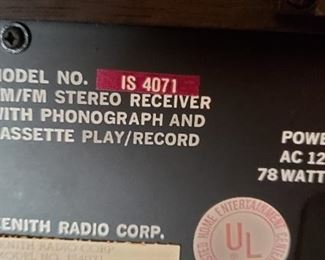 Zenith Model #IS4071 Integrated Stereo System with Belt Drive Turntable & Cassette Recorder Player $185