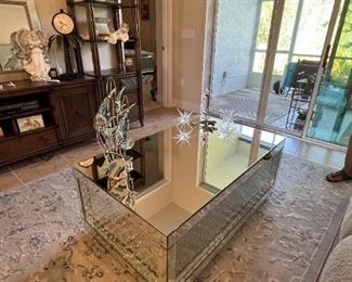 Mirror and crystal studded table. Measures 4’ x 29 x 19”. 