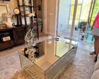 Mirror and crystal studded table. Measures 4’ x 29 x 19”. 