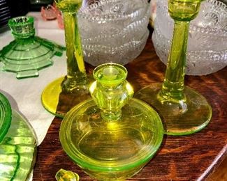 Nice selection of vaseline glass, uranium glass, depression glass, etc