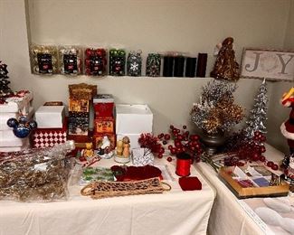 Christmas ornaments, boxes, floral pics, gift tags, candles