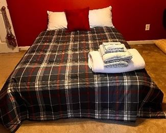 Queen mattress set, bedspread, Nautica sheet set, pillows