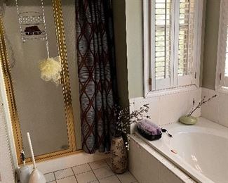 Shower curtain,  flower arrangement, shower caddy