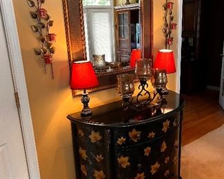 chest, pr. lamps, large mirror, candle wll sconces, three tier candle holder