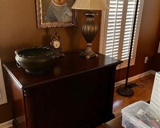 dog oil  painting, Thomasville, credenza/file cabinet torch lamp, lamp (pr) , clock, metal art bowl