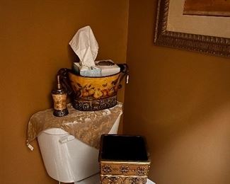 trash can, soap dispenser, decorative tin oval pot