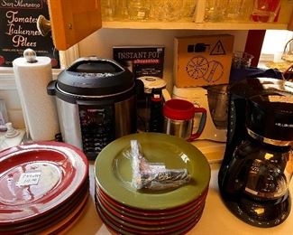 dishes, new coffee pot with timer feature, paper towel holder pressure cooker