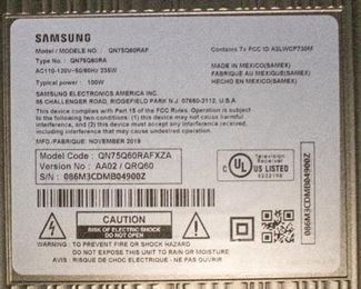 Samsung QN75Q60RAF 75" QLED Smart TV - 4K UltraHD. No remote. Not tested. Viewing and testing during sale hours is available upon request.