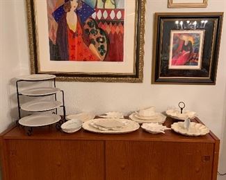 teak buffet and framed, signed serigraphs with certificates