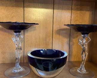 Cobalt dishes, Basham crystal bowl