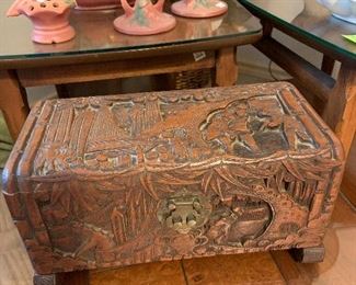 small carved box and Roseville pottery