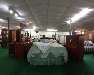 Queen bedroom set with mattress, night stand, chest of drawers, and dresser