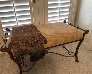 Ashley Beige/gold striped bench with wrought iron, 43 x 22 x 22. 