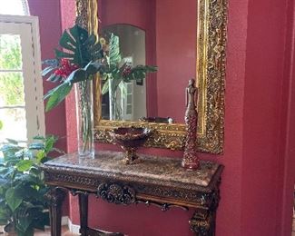 Gold mirror  5 x 4’ 4”                                                            Gorgeous entry table mahogany wood with marble top.                                                           Measures 53 x  22 x 34. 