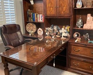 Ashley home office collection, 3 piece desk and shelves. Desk has glass top and one drawer with open hutch.  Excellent condition, mahogany color 