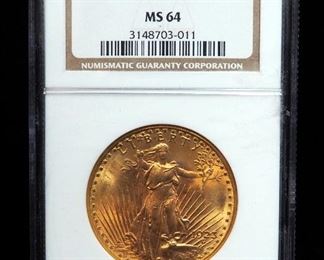 1923 D St. Gaudens $20 Gold Coin, Certified By NGC, Graded MS 64