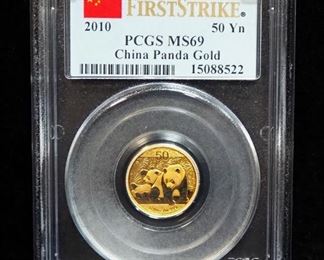 2010 China Panda 50 Yn Gold Coin, 1/10 oz .999 Gold, Certified By PCGS, Graded MS 69, With COA