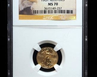 2012 American Eagle $5 Gold Coin, 1/10 oz Fine Gold, Certified By NGC, Graded MS 70