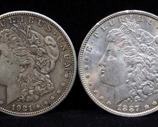1921 And 1887 Morgan Silver Dollars, Qty 2