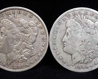 1891 O Morgan Silver Dollars, Qty 2