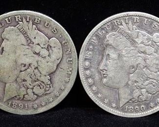 1890 O And 1891 O Morgan Silver Dollars