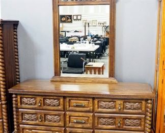 Dresser With 9 Drawers And Mirror With Scrolled Top, 84" H (With Mirror) x 66" W x 19.5" D
