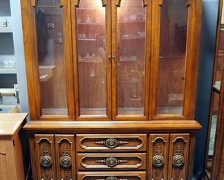 Illuminated China Cabinet With 2 Glass Shelves, 3 Drawers And 2 Lower Storage Compartments, Powers On, 76" H x 60" W x 17" D