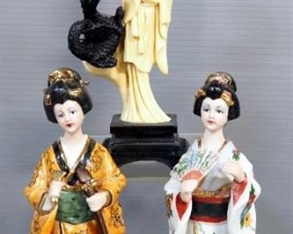 Oriental Geisha Figurines, Qty 3, Various Materials, Heights Range 8.75" To 9.5"