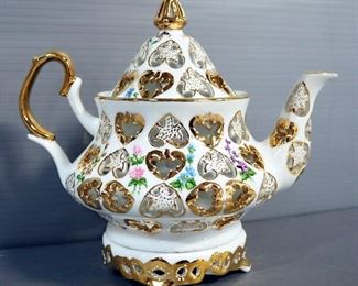 Porcelain Tea Pot Shaped Votive Candle Holder With Heart Openings