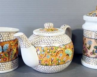 Butterfly And Cloisonne Style China Set, Includes Dinner Plates, Salad Plates, Tea Pots, Trays, Mixing Bowls, And More, Approx 69 Pieces