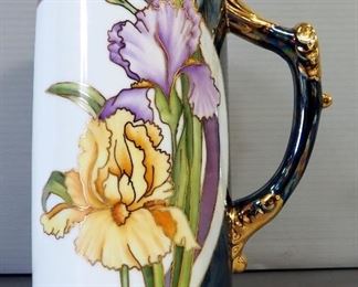 Hand Painted Porcelain Pitcher With Floral Design And Gold Accents, 9.75" High