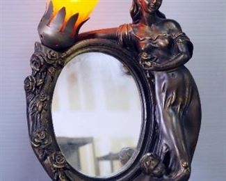 Table Lamp With Mother And Child Figures, Mirror, And Flower Blossom Shade, 16" H, Powers On