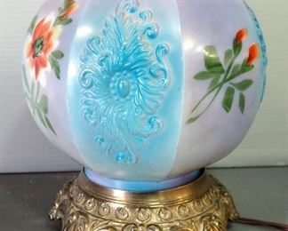 Brass And Glass Table Lamp With Relief Images On Shade, 9" H, Powers On