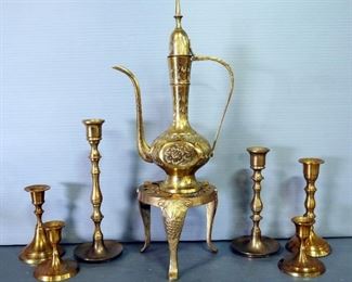 Brass Teapot, Stand, And Candle Stands, Qty 6, Various Sizes