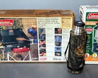 Coleman 2-Burner Camp Stove Model 425F499, Coleman Lantern, And Avery Outdoors Thermos