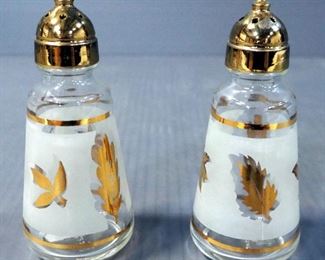 Vintage Libbey Gold Leaf Frosted Glasses, S&P, And Vinegar/Oil Bottles, Approx 16 Pieces