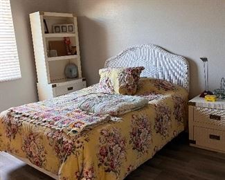 Wicker full size bed. 

Faux wicker night stand, dresser with bookshelf (2 pieces) & a dresser & mirror 
