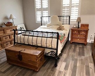 Solid wood chest with key! 

Queen size bed with iron head & foot board 

Solid wood night stand 