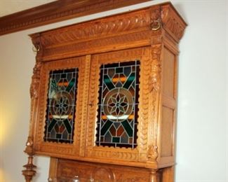 Heavily Carved 19th c European Hutch with Stained Glass Doors
